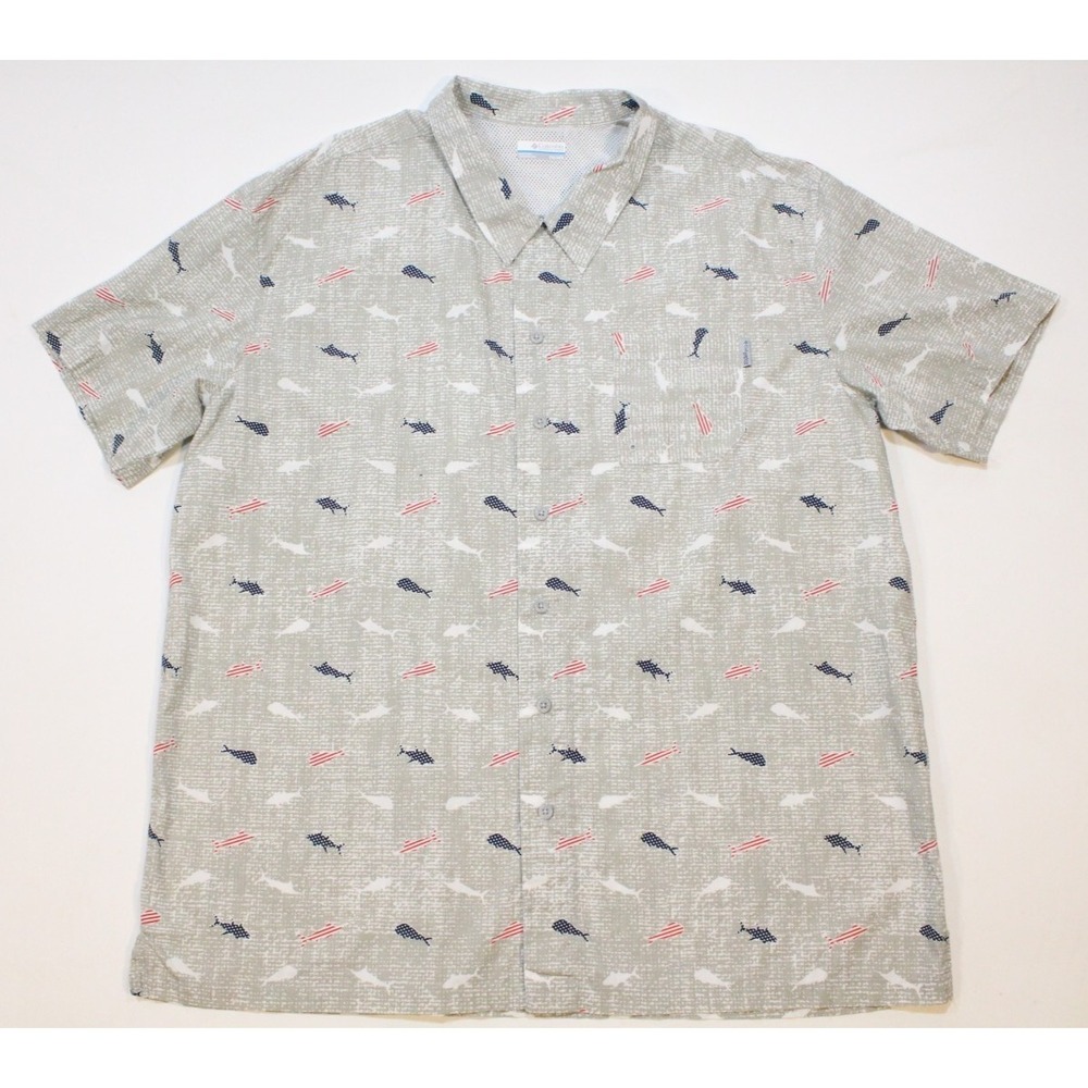 COLUMBIA PFG Mens Vented Short Sleeve Patriotic USA Fish Print shirt Gray XXL